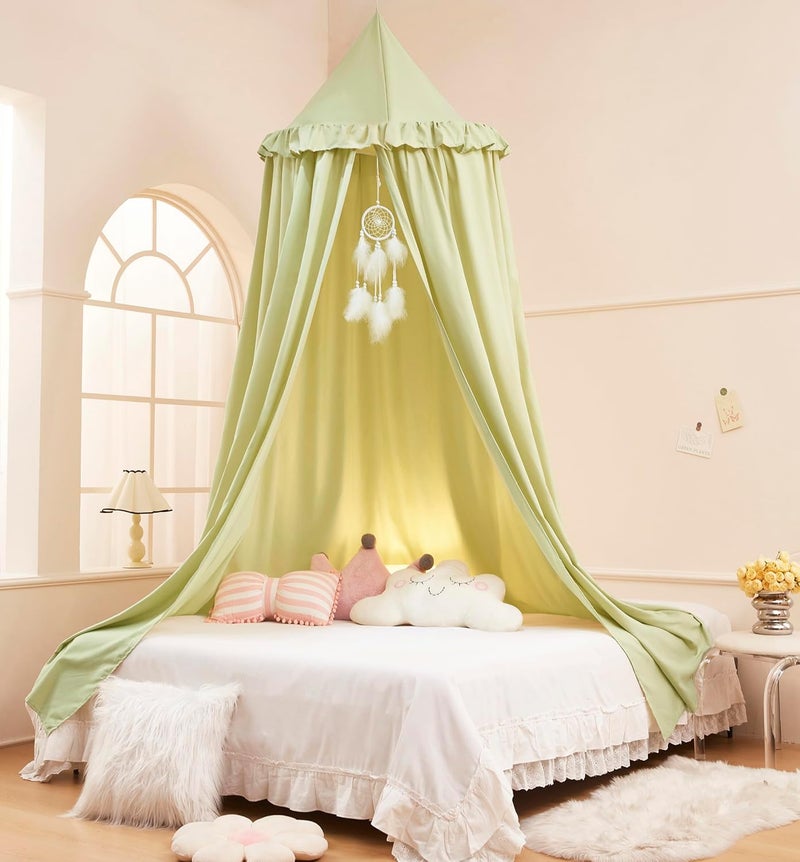 Akiky Kids Bed Canopy for Crib & Twin Size with Ruffles Dreamcatcher, Boys Princess Girls Nursery Room Decor Toddler Baby Dome Round Hanging Tent Curtains Skirt Over Bed Reading Nook Play Tents Green - Image 1
